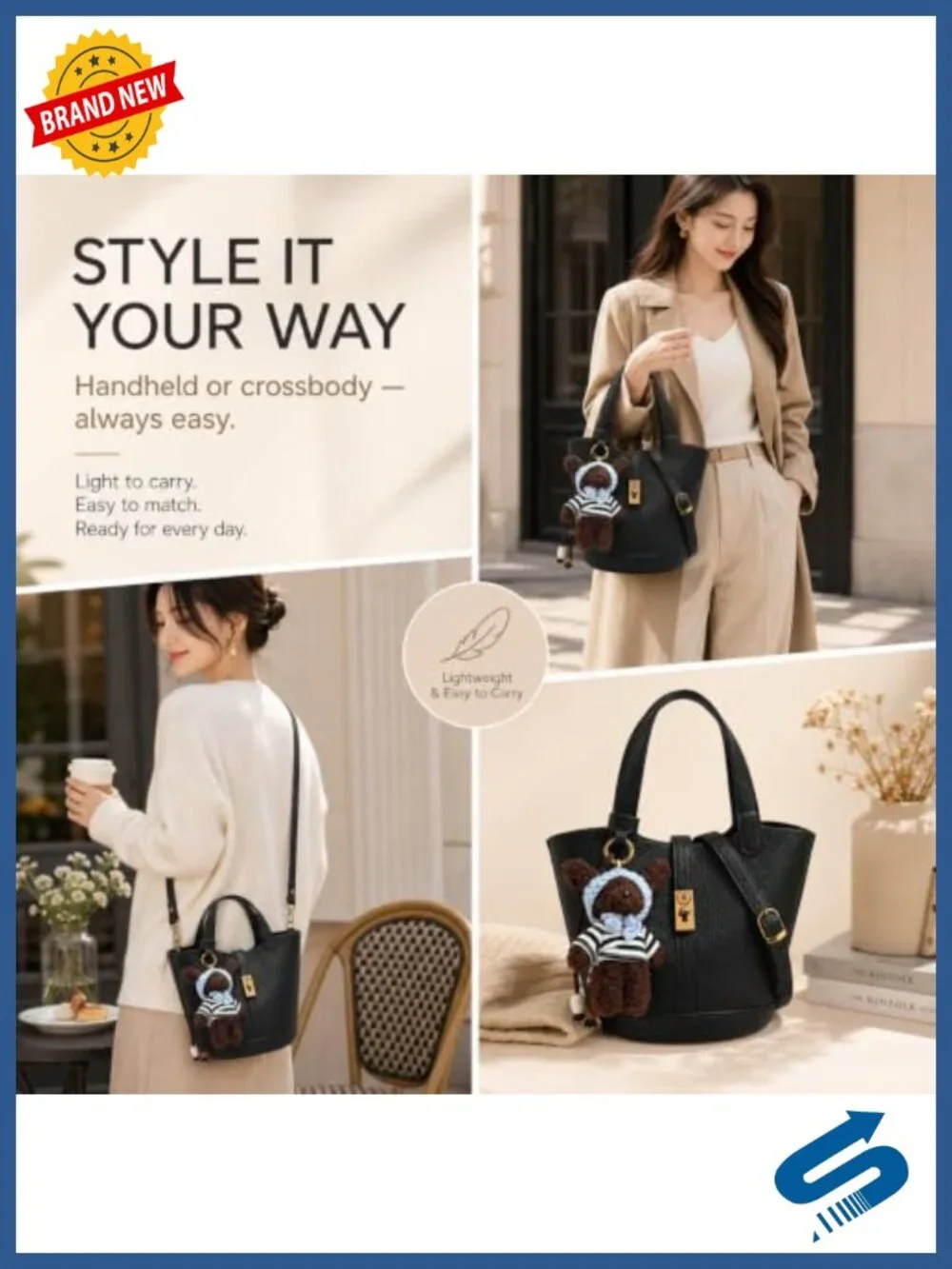 Mini Pebbled PU Leather Bucket Tote Crossbody Handbag with Lock and Charm